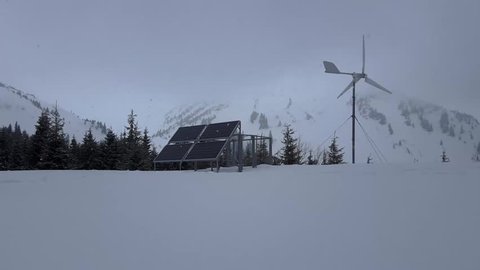 rotating wind turbine in snowy mountains