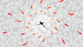 Viral marketing / spreading germs / virus attack concept. Orange bacteria-like particles crawl away from animated clock hands on cells background. - Powered by Shutterstock - Get 15% off with code: PIKWIZARD15