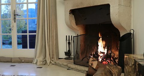 Fireplace In A Luxurious French Medieval Villa, Close Up View - DCi 4K Video