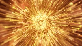 Luxury golden spiral particles beam is a spectacular motion graphics background. Elegant gold particles keep moving, awards ceremony party celebration background, luxury particle stage show video.