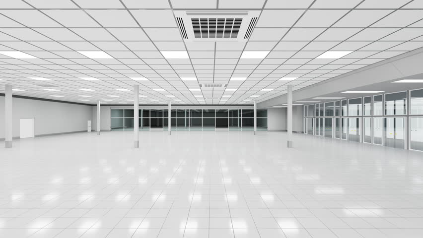 The lighting in the empty hall of the supermarket lights up and goes out in succession. 3d animation