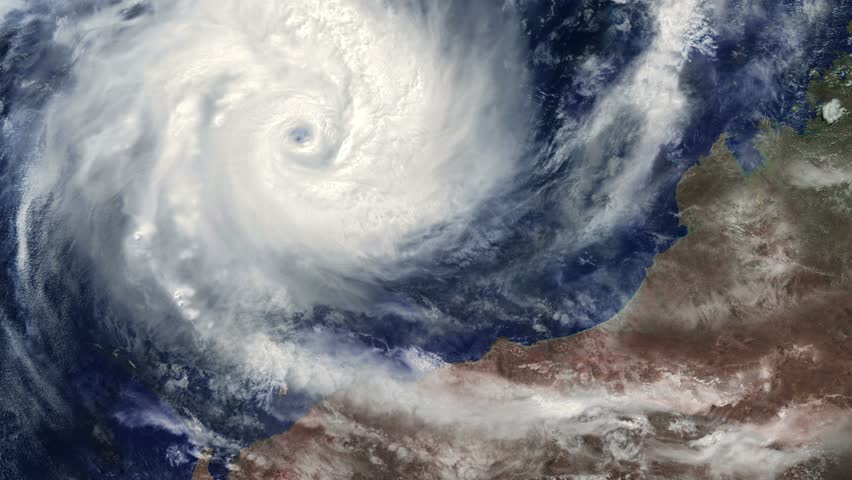 Tropical Cyclone Veronica smashed the NW coast of Australia, 315 kph, Cat 4, March 23, 2019 -  3840x2160. Animation with an image of the public domain NASA imagery: it is requested that you credit  Royalty-Free Stock Footage #1028283188