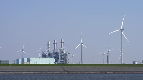 Modern multi-fuel power station and wind turbines. Eemshaven, Groningen, Holland.