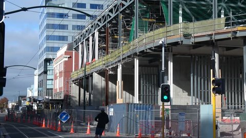 Christchurch, Canterbury / New Zealand - 04 25 2019: Building in progress of the new Te Pae convention centre, steel frame construction being assembled.