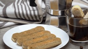 Tiramisu cake cooking - Italian Savoiardi ladyfingers Biscuits and coffee