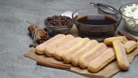 Ingredients for traditional tiramisu cake on concrete background