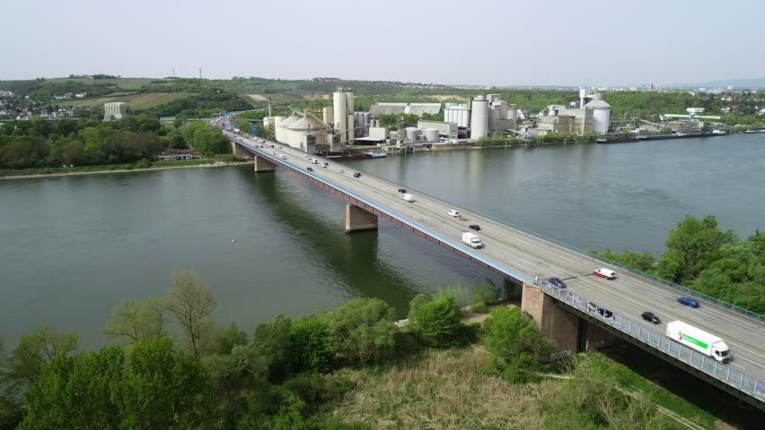 Aerial view of highway bridge and River Rhine - tracking shot