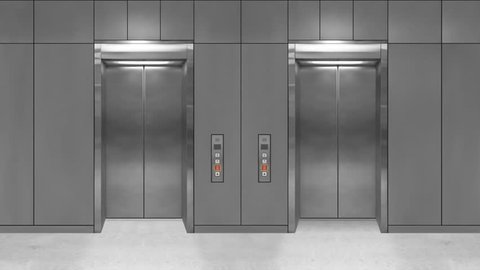 Sliding steel door elevator open showing lift interior. Office building with grey walls.