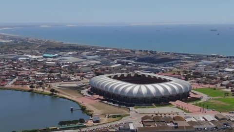 Port Elizabeth, South Africa - circa 2010s: Aerial view of city from Nelson Mandela Bay Stadium, looking north, toward Deal Party, Bluewater Bay and New Brighton suburbs. Swartkops River mouth visible
