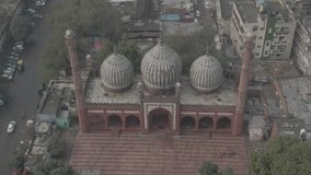  mosque, Delhi, 4k aerial drone, ungraded/flat raw video