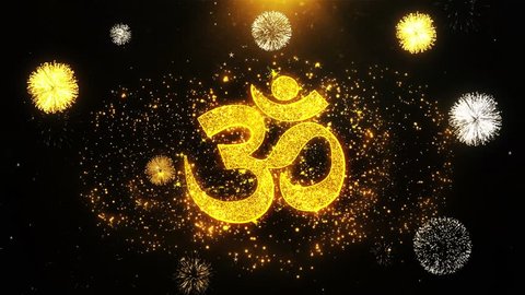 Om or Aum Shiva Text Sparks Particles Reveal from Golden Firework Display explosion 4K Background
