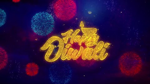 Shubh Happy Diwali Greeting Text with Particles and Sparks Colored Bokeh Fireworks Display 4K.