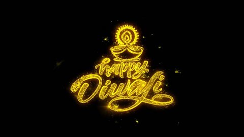 Happy Diwali Diya Typography Written with Golden Particles Sparks Fireworks Display 4K. 