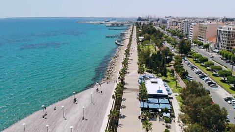 Limassol city embankment on sunny day, aerial view