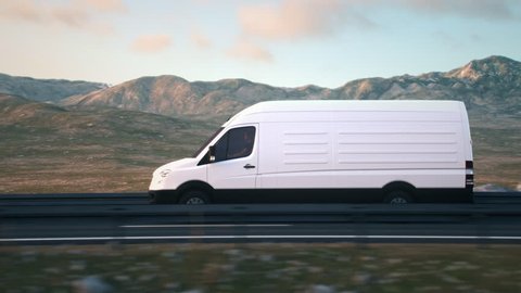 The camera follows a white delivery van driving on a desert highway into the sunset, side view tracking shot. Realistic high quality 3d animation.