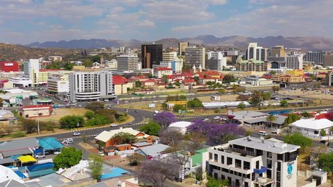 WINDHOEK, NAMIBIA - CIRCA 2018 - Aerial over downtown and central business district of Windhoek, Namibia, capital city.