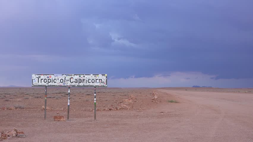 NAMIBIA - CIRCA 2018 - A sign along the road in remote Namibia announces the Tropic Of Capricorn.