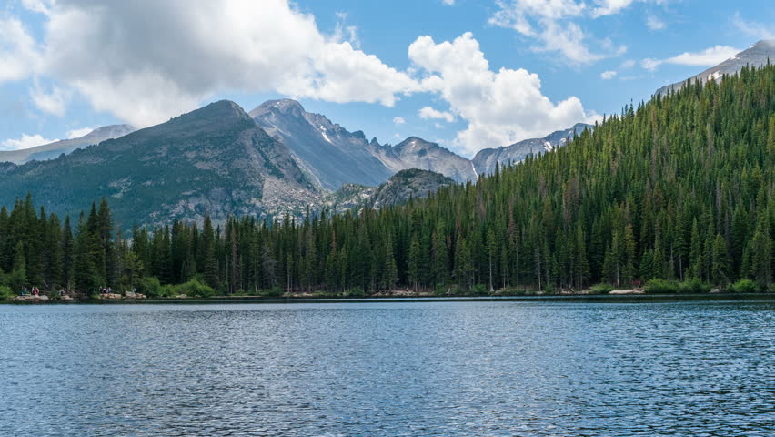 Stormy Mountain Lake - Time-lapse video of Summer storm clouds rolling over rugged Longs Peak and Glacier Gorge, towering at south shore of Bear Lake, Rocky Mountain National Park, Colorado, USA.