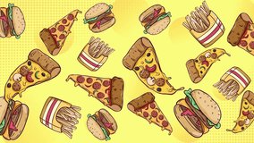 Abstract Colorful Junk Food Seamless Looping Animation - Falling Down Pizza and Burger Motion Graphics on Yellow Background