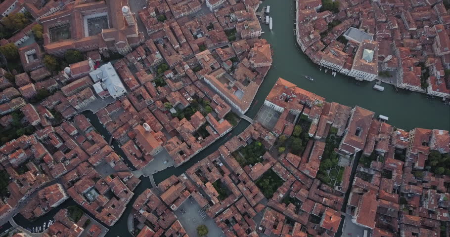Straight down Aerial shot of Basilica dei Frari and Canal Grande in Venice, Italy