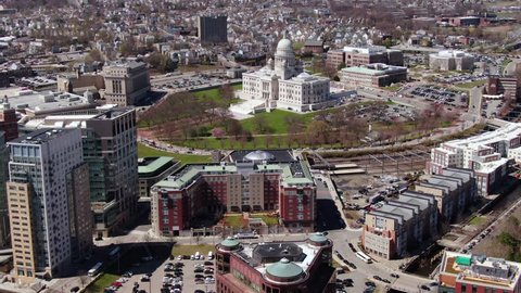 Providence, Rhode Island / USA : April 1, 2019 : Aerial of the landmarks, sites and architecture in Providence, Rhode Island