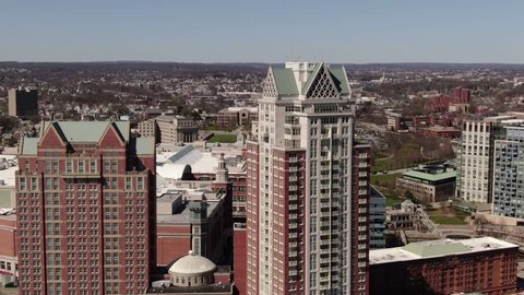 Providence, Rhode Island / USA : April 1, 2019 : Aerial of the landmarks, sites and architecture in Providence, Rhode Island