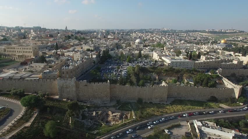 Side aerial shot of southern part and Jewish Quarter of Jerusalem. 