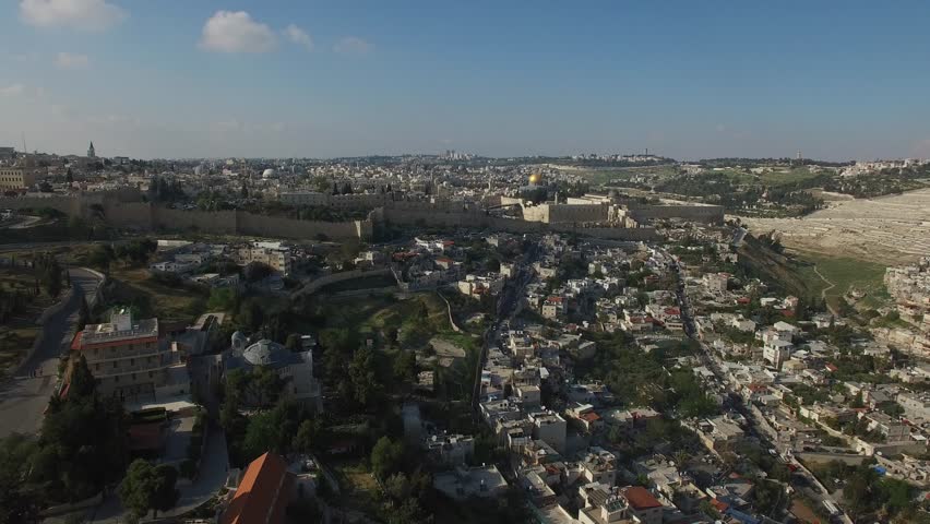 Aerial of Silwan and Southern side of Old City Jerusalem. 