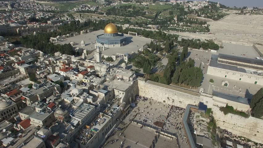 Flying over Wailing Wall and Temple Mount of Jerusalem. 