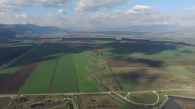 Aerial of agricultural fields at Hula Valley. Upper Galilee. Israel. 