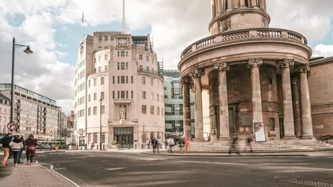LONDON- APRIL, 2019: Time lapse of BBC's Broadcasting House on Portland Place, London's West End- A world renowned British public services broadcaster