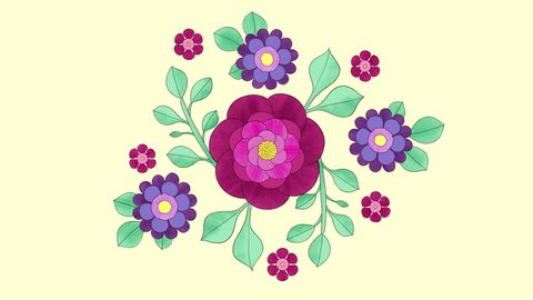 2D hand drawn animation, growing floral background with colourful flowers and leaves. Frame by frame. Blooming pattern, outline. 4k looping animation.