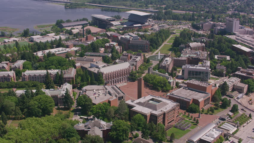 Seattle, Washington circa-2018. University of Washington campus, aerial view. Shot from helicopter with Cineflex gimbal and RED Epic-W camera.