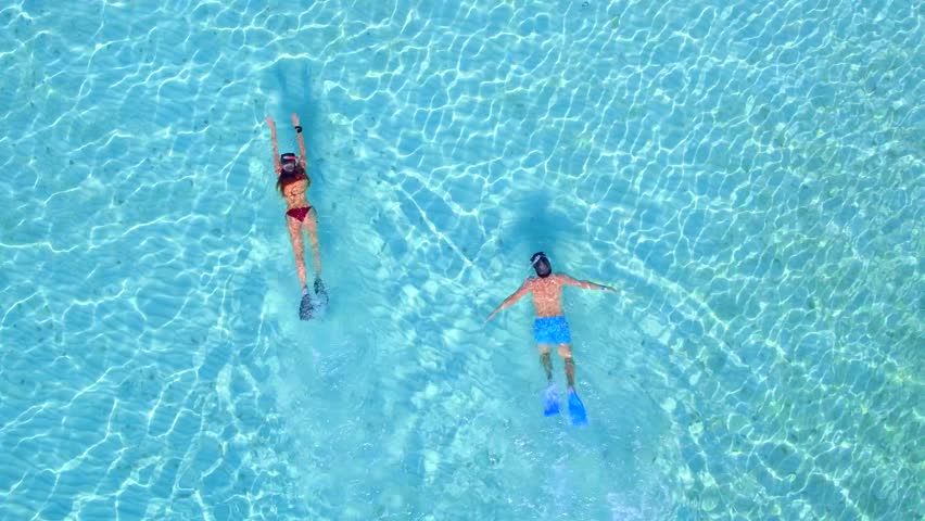 Couple Snorkeling In Tropical Clear Blue Water From Aerial Drone 2 | Shutterstock HD Video #1028388680