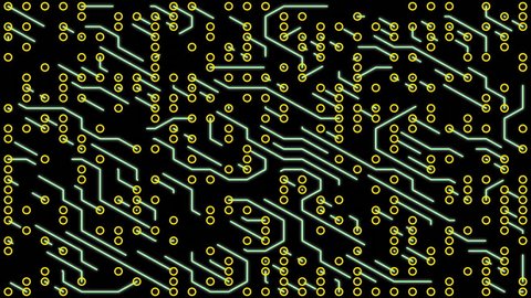 High quality circuit board animation concept with black background, yellow circles and glowing colourful lines moving scattered.