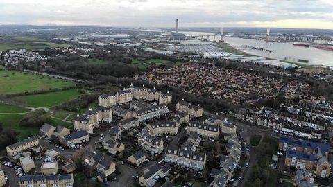 Aerial view of Greenhithe, Kent, Dartford Crossing and London skyline in the distance