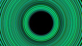 Bright glowing green rings rotating black background spinning swirl twist twirl concentric ring center space wheel with a seamless loop rotation in a high definition backdrop motion video clip