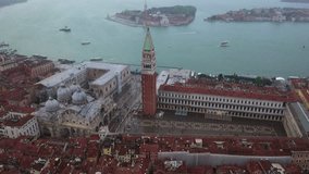 Aerial drone video of Piazza San Marco on a cloudy weather, Venice, Italy
