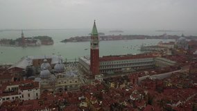 Aerial drone video of  Piazza San Marco on a cloudy weather, Venice, Italy