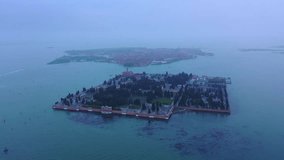 Aerial video of historic cemetery island near Murano and Venice, Italy