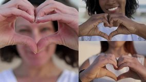 Collage of people showing heart of hands. Split screen of beautiful multiethnic women showing hand heart symbol, cropped shot. Love concept