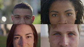 Collage of beautiful human eyes looking at camera. Split screen of multiethnic people with various emotions looking at camera, cropped shot. Eyes concept