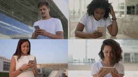 Collage of people using mobile phones. Multiscreen of smiling and focused multiethnic people using smartphones. Technology concept