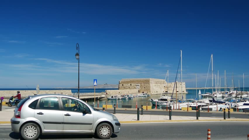 Heraklion castle in Crete island Greece. View of the marina and fishing boats.
