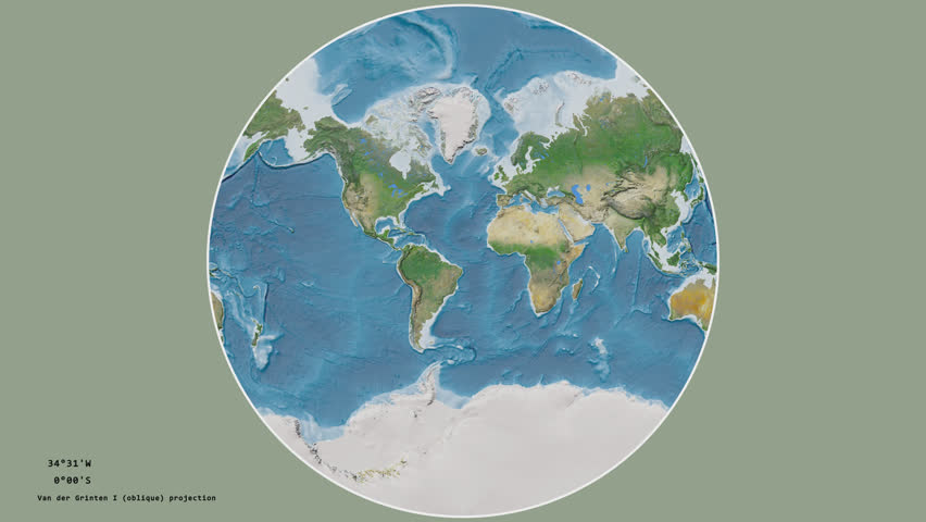 Bulgaria and its capital circled and zoomed on the global satellite map in the van der Grinten I projection with animated oblique transformation