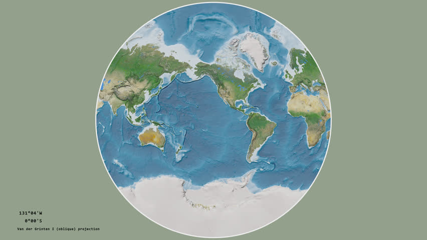 Chile and its capital circled and zoomed on the global satellite map in the van der Grinten I projection with animated oblique transformation