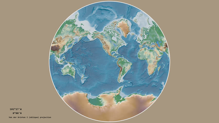Greenland and its capital circled and zoomed on the global physical map in the van der Grinten I projection with animated oblique transformation