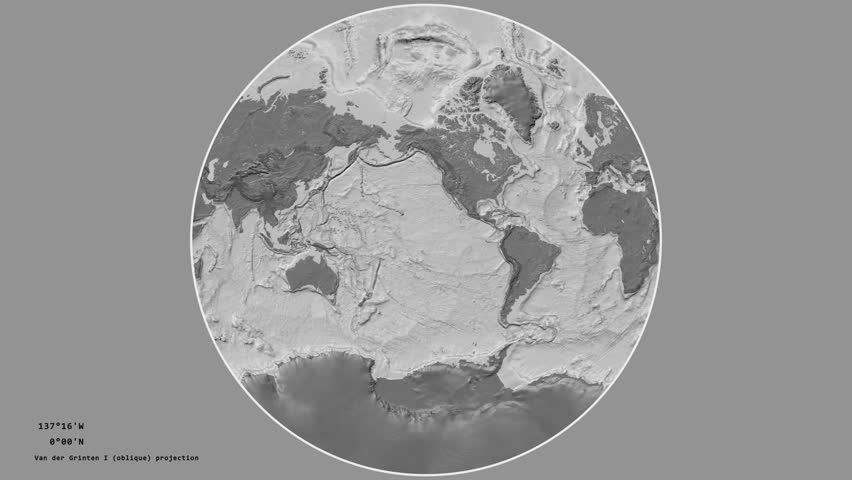 Jamaica and its capital circled and zoomed on the global bilevel map in the van der Grinten I projection with animated oblique transformation