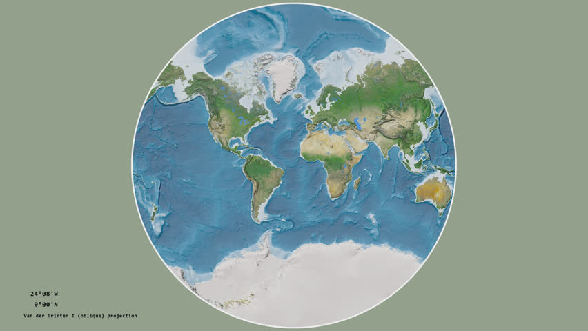 Lebanon and its capital circled and zoomed on the global satellite map in the van der Grinten I projection with animated oblique transformation