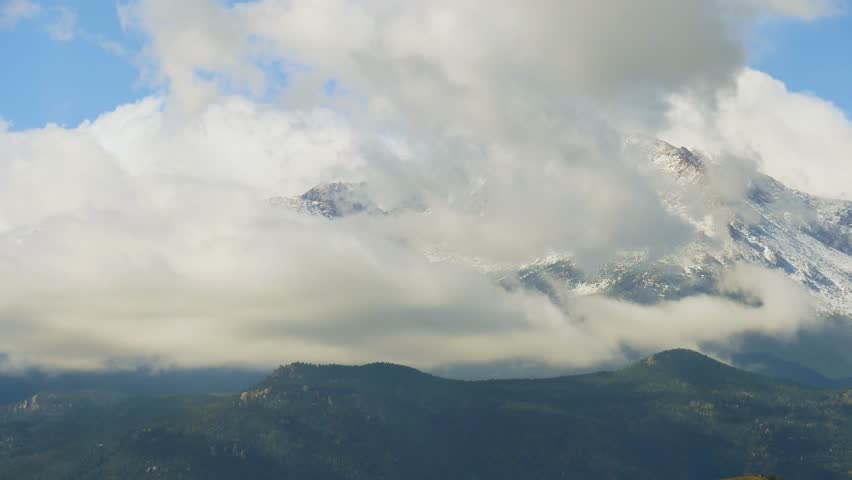 Timelapse of Pikes Peak Mountains with clouds on a bright, sunny day 4K